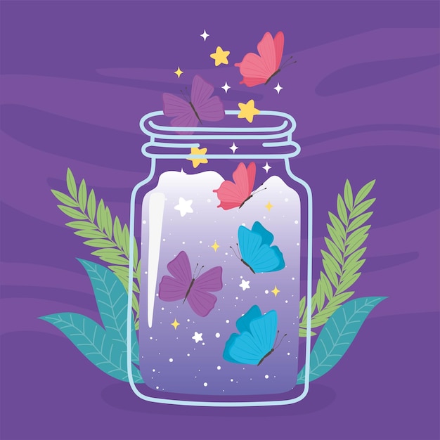 Jar terrarium carino farfalle fogliame vegetazione fumetto illustrazione viola