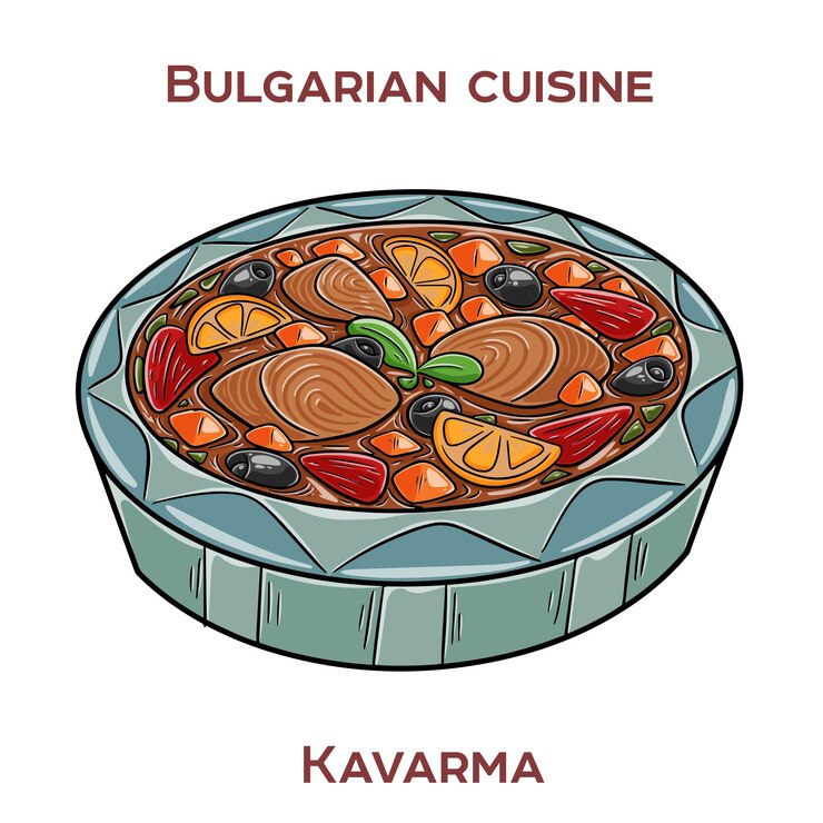 Vettore kavarma è uno stufato tradizionale bulgaro fatto con carne marinata, verdure e spezie cotte lentamente