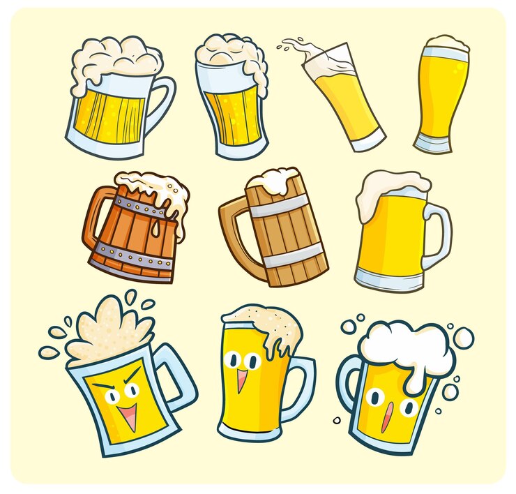 Kawaii divertenti e birre carine doodle illustrazioni