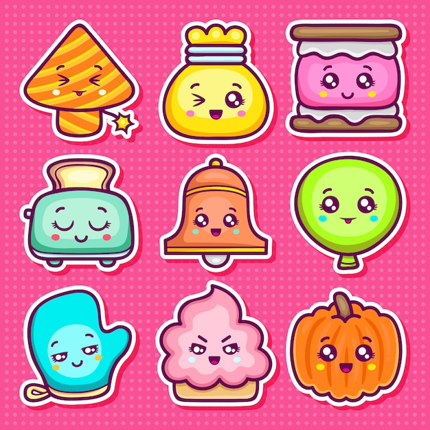 Kawaii Sticker icone disegnate a mano Doodle da colorare