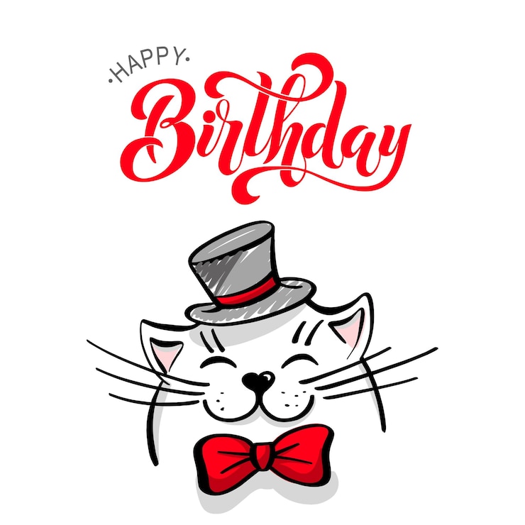 Vettore kawaii un gatto bianco soddisfatto con cappello e papillon scritte buon compleanno disegno del biglietto d'auguri per il tuo disegno illustrazione vettoriale disegnata a mano stile cartone animato