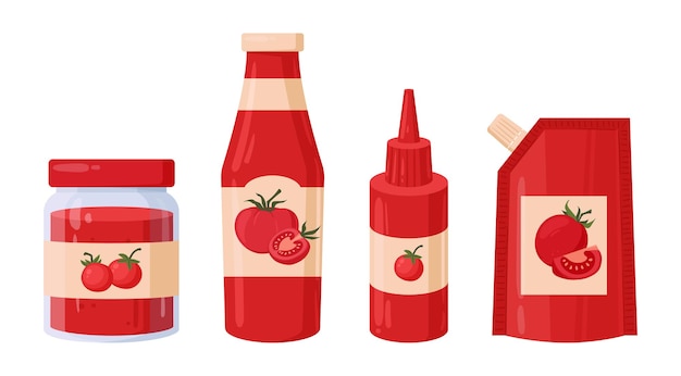 Ketchup di pomodoro cartoon Set di illustrazioni vettoriali piatte per ingredienti alimentari di pomodoro, vaso e bottiglie di salsa di verdure rosse Pacchetti di ingredienti di pomodoro