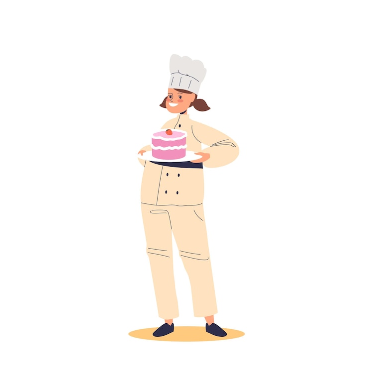 Vettore kid pasticcere piccola bambina in uniforme da cuoco e cappello che tiene la torta lavora come pasticcera