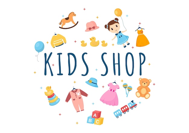 Kids Shop Illustrazione disegnata a mano con attrezzature per bambini come vestiti o giocattoli per lo shopping