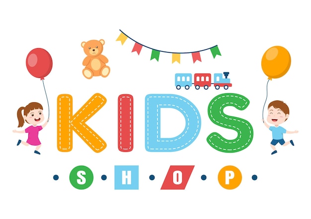Kids Shop Illustrazione disegnata a mano con attrezzature per bambini come vestiti o giocattoli per lo shopping