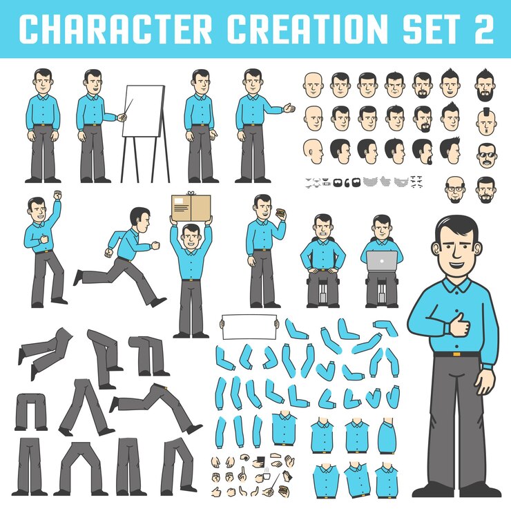 Vettore kit di design per creare un personaggio in varie pose