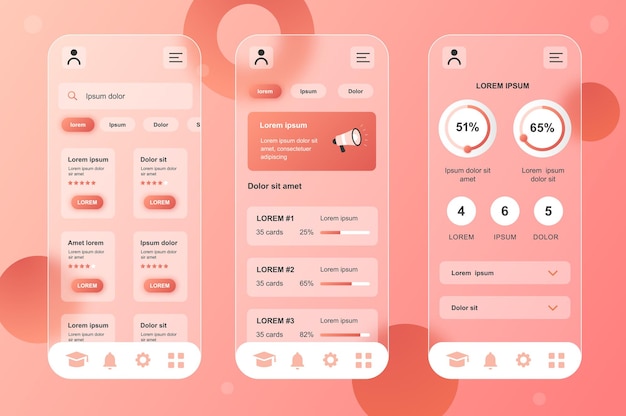 Kit di elementi neumorfici di design glassmorphic di apprendimento online per le schermate GUI UX dell'interfaccia utente dell'app mobile