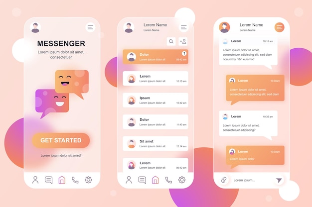 Kit di elementi neumorfici di design glassmorphic di Messenger per set di schermate GUI UX UI per app mobile