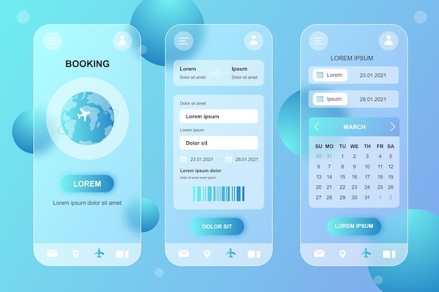 Kit di elementi neumorfici di design glassmorphic per la prenotazione di viaggi per le schermate GUI UX dell'interfaccia utente dell'app mobile