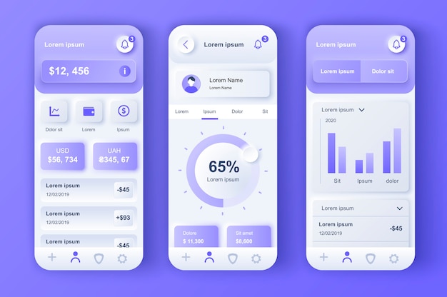 Kit di progettazione neumorfa unico per servizi finanziari per app mobile.