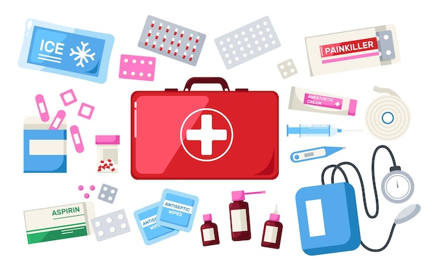 Kit di pronto soccorso Borsa medica di emergenza con medicinali e strumenti farmacia medica bendaggio toracico rosso siringa in gesso pillola urgenza concetti sanitari Set vettoriale