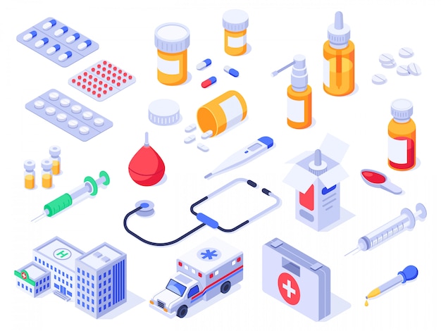 Kit di pronto soccorso isometrico. Pillole mediche di sanità, medicine della farmacia e bottiglie della droga. Set di ambulanze ospedaliere