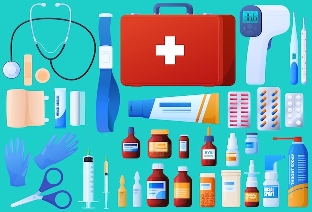 Kit di pronto soccorso, stetoscopio, bende, iniezioni, pillole, gocce, fiale, medicinali, guanti sterili.