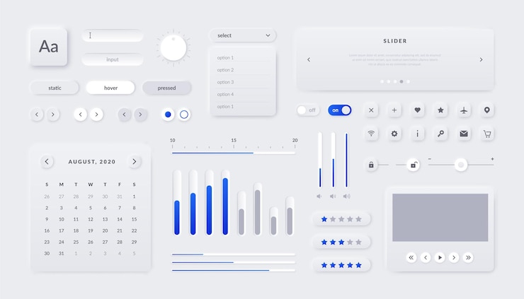 Vettore kit interfaccia utente web. elementi dell'interfaccia dell'applicazione mobile e della pagina web con i cursori dei campi dei pulsanti e il calendario. modello di progettazione grafica ux reattivo per l'illustrazione vettoriale per la navigazione del sito