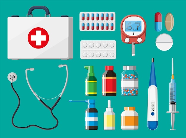 Kit medico di pronto soccorso con diverse pillole e dispositivi medici Strumenti medici farmaci stetoscopio siringa glucometro termometro Diagnostica sanitaria Emergenza urgente Illustrazione vettoriale piatta