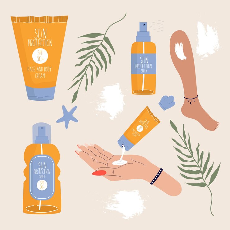 Vettore kit protezione solare lozione spray solare disegnata a mano maschere in crema su gambe e braccia