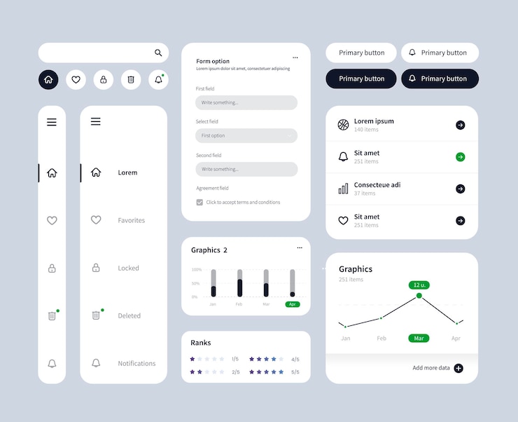 Vettore kit ui grande e migliorato per la progettazione web di applicazioni mobili con i diversi schemi di grafici dei pulsanti