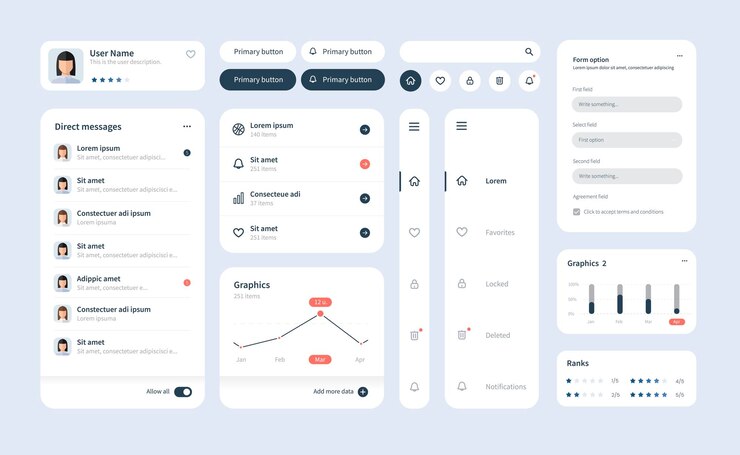 Vettore kit ui grande e migliorato per la progettazione web di applicazioni mobili con i diversi schemi di grafici dei pulsanti