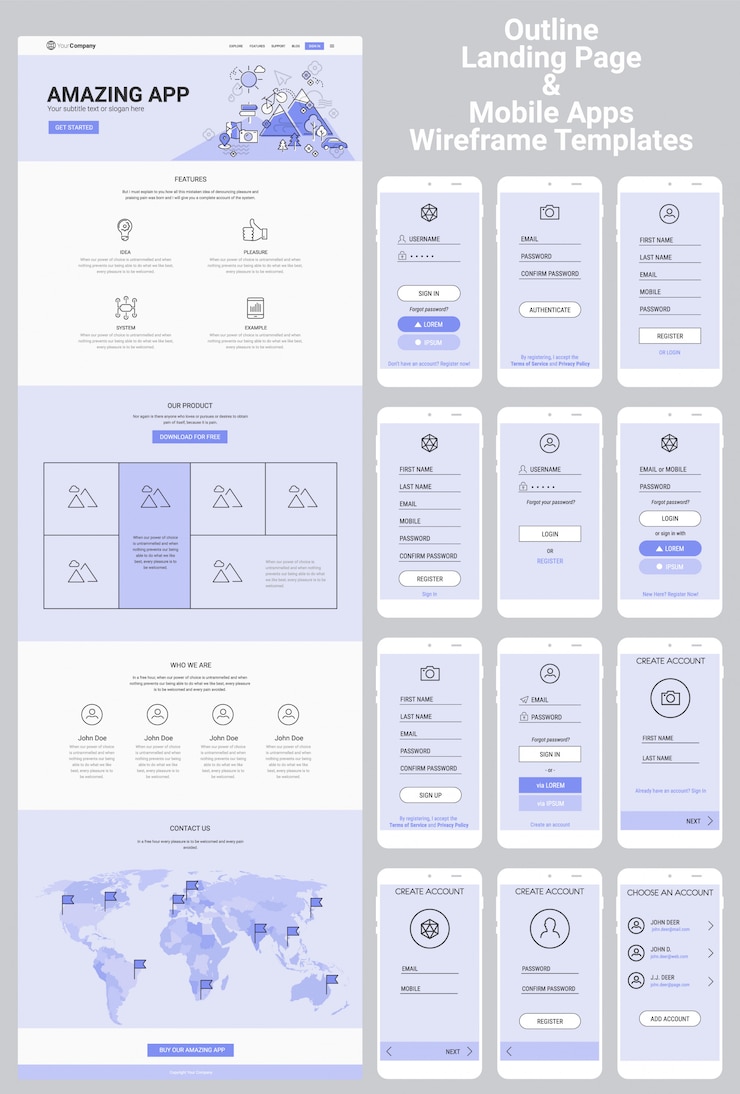 Vettore kit wireframe per siti web e app mobili di una pagina