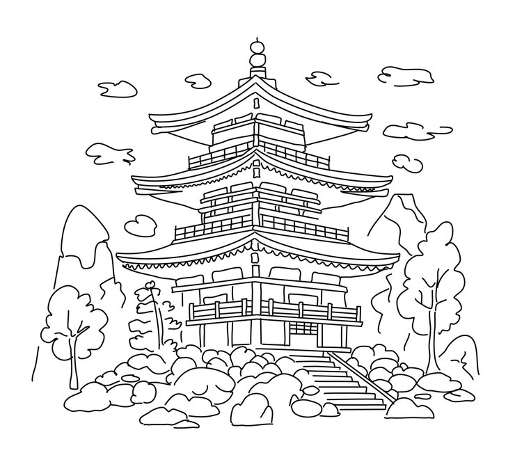 Kiyomizudera in Giappone Illustrazione lineare vettoriale su sfondo bianco schizzo