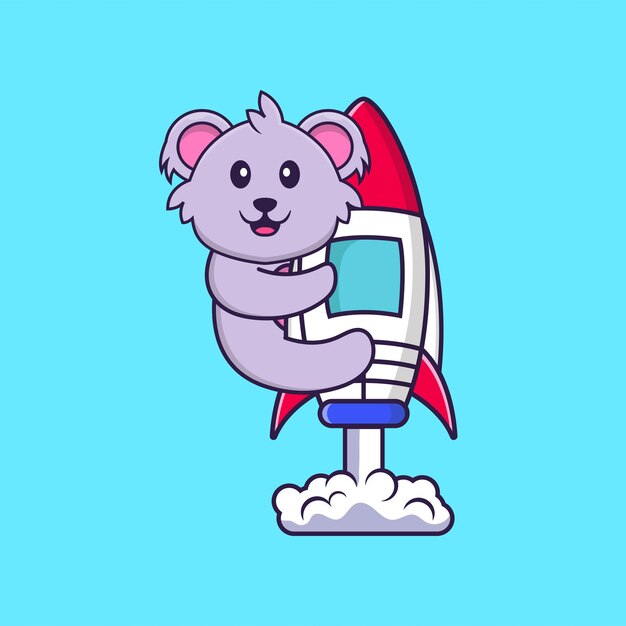 Koala carino che vola su un razzo. Concetto animale del fumetto isolato.