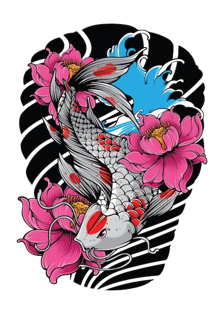 Koi Fish con onda giapponese e fiori in stile giapponese Tattoo Illustration