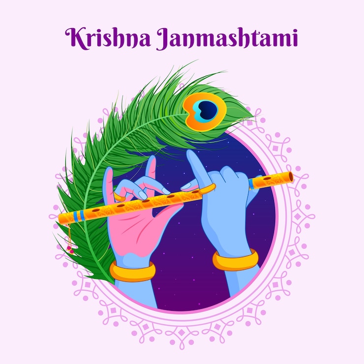 Vettore krishna hands suona il flauto musicale, happy krishna janmashtami