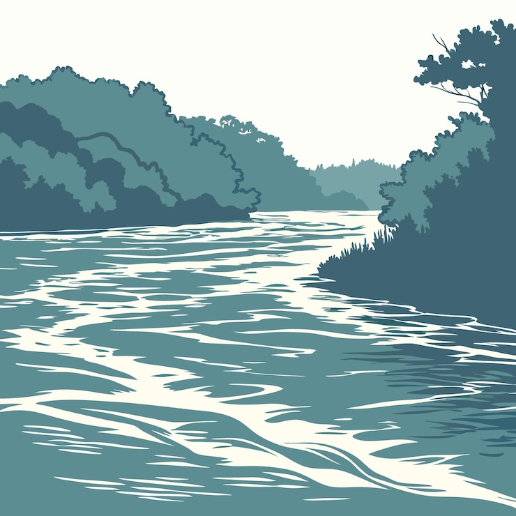 Vettore l'acqua serena del fiume scorre attraverso un paesaggio forestale lussureggiante
