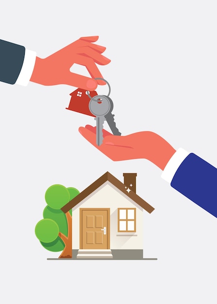 L'acquisto di una nuova casa Un agente immobiliare dà un portachiavi a un acquirente in un'illustrazione di borsa
