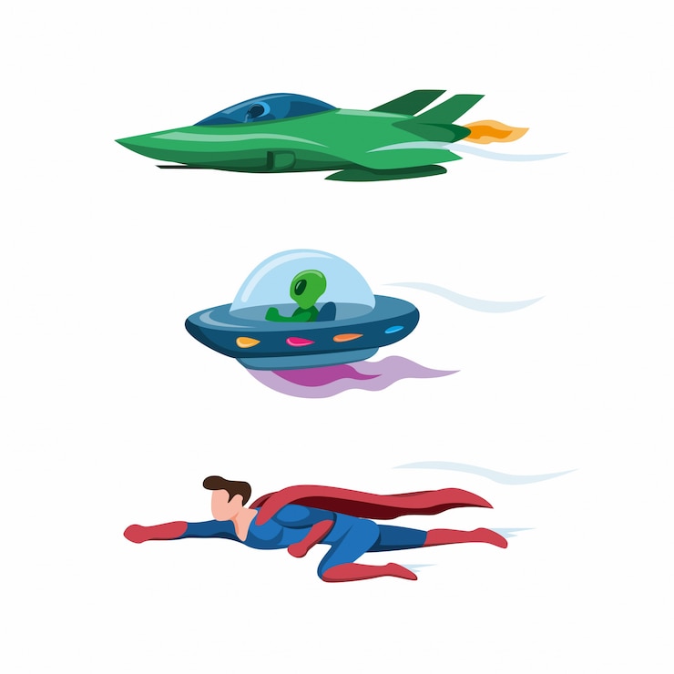 Vettore l'aereo a reazione, il ufo e il supereroe che pilotano l'icona veloce della raccolta hanno messo nell'illustrazione piana del fumetto isolata nel fondo bianco