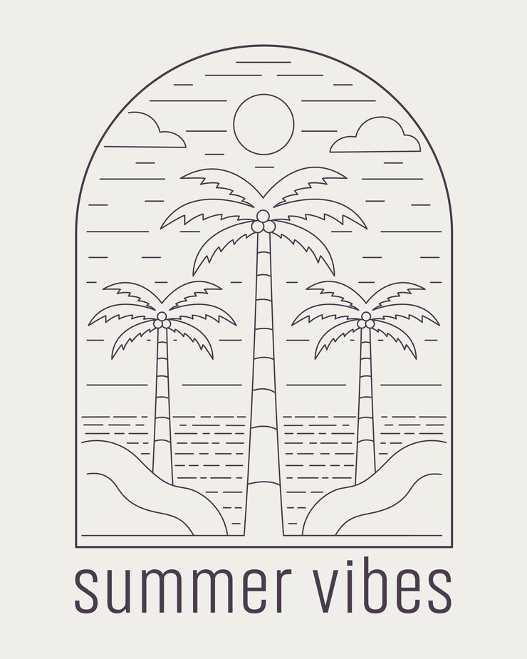 L'albero di cocco e la spiaggia in estate albero cocco albero mare mono linea t-shirt badge design vettore