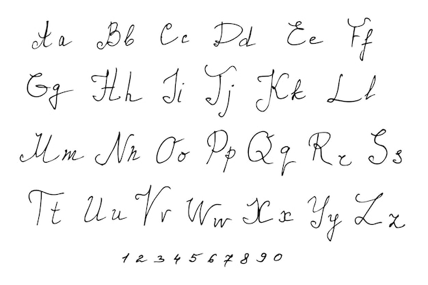 L'alfabeto è scritto a mano con penna nera, scarabocchi su sfondo bianco, in stile Doodle. Le lettere inglesi sono maiuscole e piccole in stile ornato.