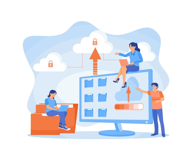 L'amministratore e il team di sviluppatori lavorano su un computer Utilizza i servizi di archiviazione del server cloud per archiviare i file Concetto di archivio Illustrazione vettoriale piatta