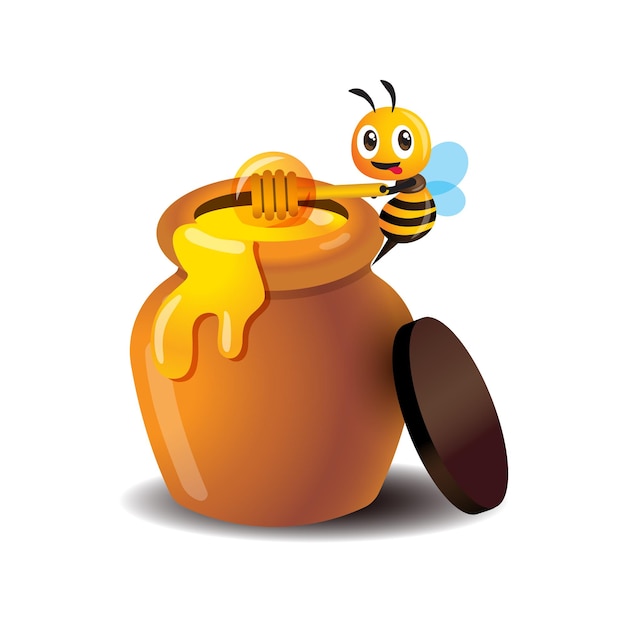 L'ape carina dei cartoni usa il mestolo di miele per mescolare il miele dal vasetto di miele