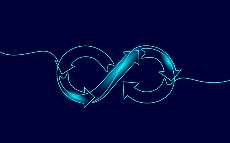 Vettore l'arte a linea continua singola dedica un concetto agile. gestione del progetto di programmazione del flusso di lavoro del team del simbolo dell'infinito. progettare l'arte dell'illustrazione di vettore del disegno al neon di schizzo di un colpo.
