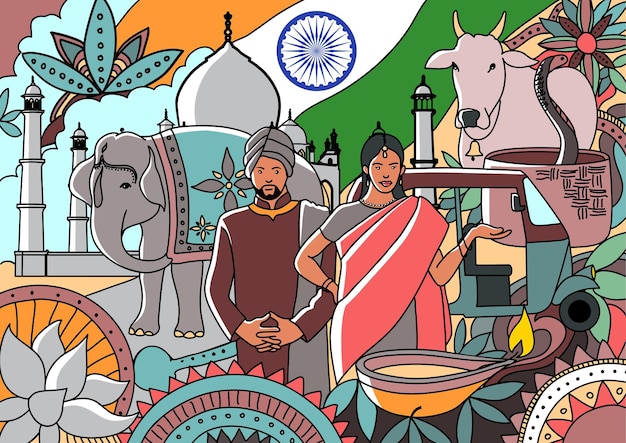 L'arte del doodle murale della bandiera dell'India è decorata con gli elementi e le icone famosi del paese