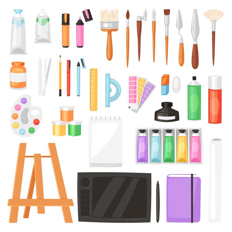Vettore l'artista degli strumenti dell'artista con la tavolozza dei pennelli per le pitture di colore su tela per materiale illustrativo nella pittura artistica dell'illustrazione dello studio di arte ha messo su fondo bianco