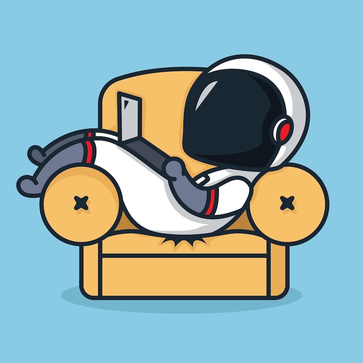 Vettore l'astronauta chibi carino gioca al laptop su un divano