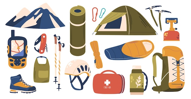 L'attrezzatura per alpinista comprende piccozze, imbracature e corde, borraccia, moschettoni, kit di pronto soccorso e borsa. Attrezzatura vitale per conquistare le vette, garantire sicurezza ed efficienza. Illustrazione vettoriale dei cartoni animati.