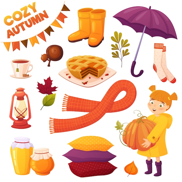 L'autunno ha impostato con diversi elementi di cartone animato: ragazza, zucca, torta, vasetti di miele, tè di coppia, ghiande, stivali, ombrello, sciarpa, cuscini, calze e foglie. Accumulazione di vettore accogliente