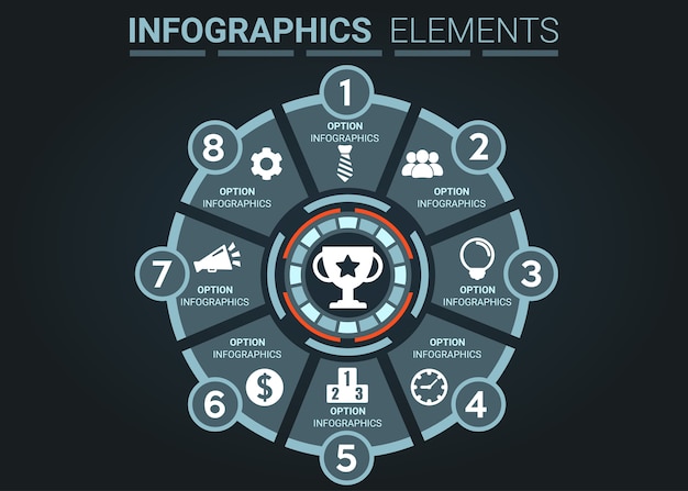 L&#39;elemento INFOGRAPHICS riassume il concetto di evento di successo a otto round