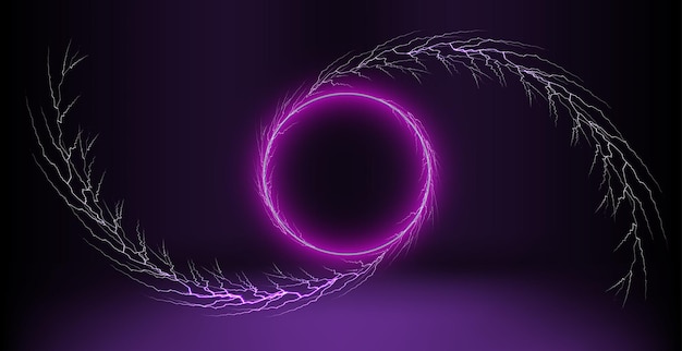 L'energia elettrica forma un vortice vorticoso con fulmini viola in un ambiente buio