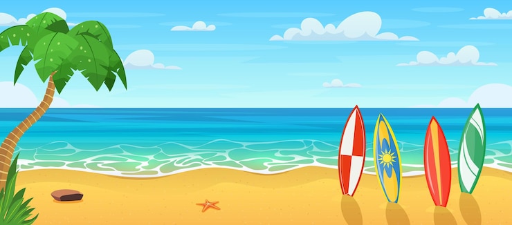 Vettore l'estate sulla spiaggia con molte tavole da surf