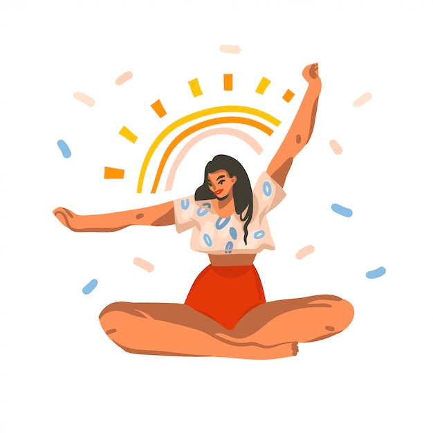 L'illustrazione astratta disegnata a mano con la giovane femmina felice sorridente ha yoga di allungamenti di mattina a casa con i coriandoli isolati su fondo bianco