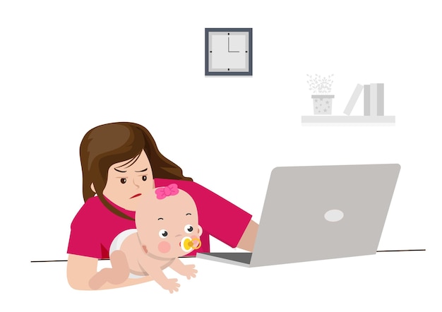 L'illustrazione concettuale del lavoro da casa e dell'educazione dei bambini causa l'esaurimento del laptop Assembla il vettore in uno stile piatto