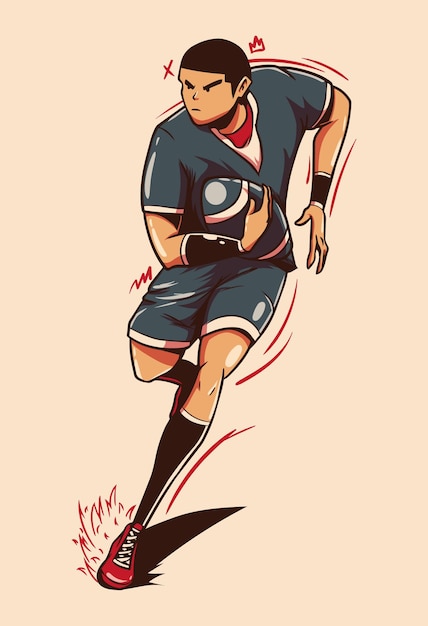 L'illustrazione del giocatore di football americano che corre porta la palla con stile disegnato a mano