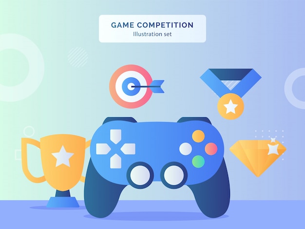 L'illustrazione della concorrenza del gioco ha messo la medaglia dell'obiettivo del diamante del trofeo vicino al gioco del joystick con uno stile piano.