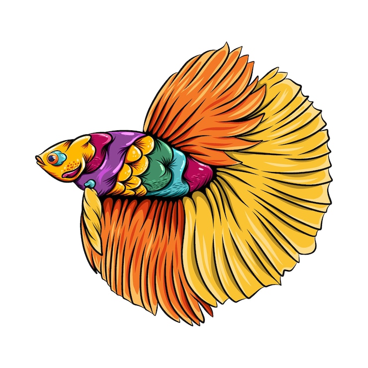 Vettore l'illustrazione dello zentangle di pesce betta con una bella coda giallo-arancio e un corpo colorato