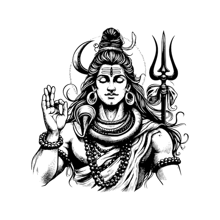 Vettore l'illustrazione di lord shiva disegnata a mano in bianco e nero l'illustrazione vettoriale di dio indù