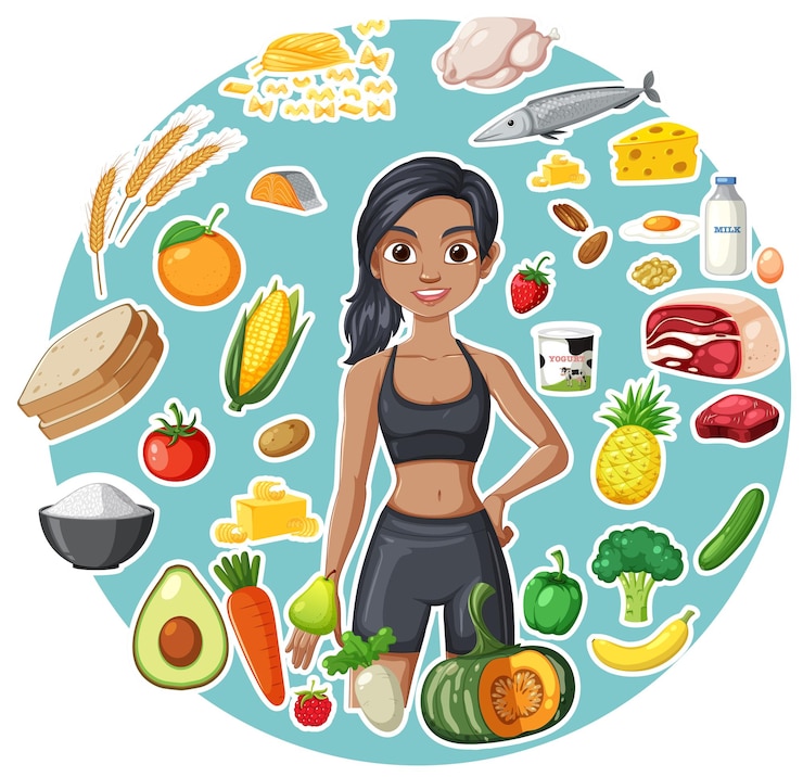 Vettore l'illustrazione di un'alimentazione sana e di una forma fisica